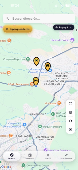 Parqueate App - Mapa de parqueaderos